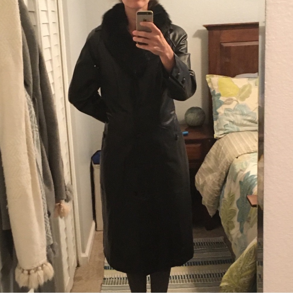 Retro Terry Lewis leather coat with faux fur neck.